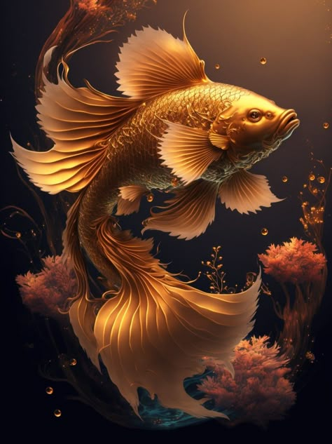 Gold Butterfly Koi Fish, Golden Fish Painting, Golden Fish Wallpaper, Golden Fish Drawing, Dagobert Duck, Aquatic Art, Fish Gallery, Koi Fish Drawing, Fish Artwork