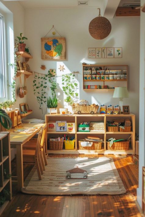 Preschool Classroom Play Areas, Montessori Yes Space, School House Interior Design, Wooden Playroom Ideas, Home School Montessori, Playroom Homeschool Room Ideas, Montessori Waldorf Playroom, Sunroom School Room, Preschool Playroom At Home