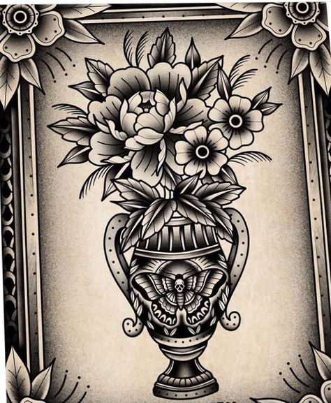 #tattoo #tattoos #inked #tattooart #tattooed #tattooideas #tattoodesign #tattooinspiration #tattoosleeve #tattooflash #inkedgirls #tattooedwomen  #InkLaughs  #TattooFails American Traditional Vase With Flowers Tattoo, Traditional Plant Pot Tattoo, Neo Traditional Vase Tattoo, Old School Frame Tattoo, Traditional Style Tattoo For Women Black And White, Traditional Vase Tattoo Design, Trad Vase Tattoo, Traditional Flower Pot Tattoo, Old School Vase Tattoo