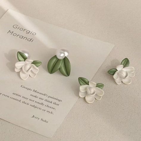 Asymmetrical White Flower Earrings, Gardenia Earrings, Green Flower Leaf Earrings, Elegant Jewelry, Bridal Earrings, Bridesmaid Gifts White Flower Earrings, White Flower Earring, Flower Leaf, Earrings Elegant, Earrings Green, Green Flower, Lovely Earrings, Metal Flowers, Rose Earrings