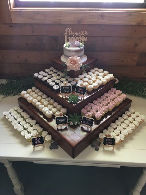 Cupcakes For Rustic Wedding, Elegant Cupcake Display Ideas, Small Wedding Cake Ideas With Cupcakes, Country Wedding Cupcake Display, Wedding Cake Stands Rustic, Simple Cupcakes Wedding, Cupcake Stand For Wedding, Cupcakes At A Wedding, Wedding Cake With Cupcake Tiers