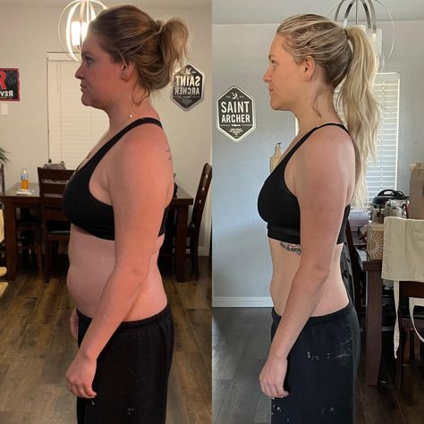 Here you can see a progress photo showing a fat loss from 175 pounds to 145 pounds. That's an impressive loss of 30 pounds. 150 Pound Woman 5'6, 150 Pound Woman, 175 Pounds, Fitness Plans, Whole 30 Diet, 150 Pounds, Carb Cycling, Digital Currency, Progress Pictures