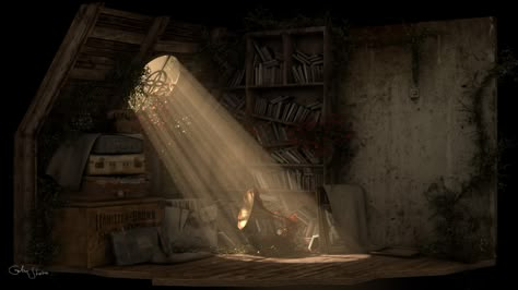 ArtStation - Abandoned Attic, Golan Shviro Spooky Attic Aesthetic, Abandoned Room Concept Art, Attic Concept Art, Witchy Attic, Abandoned Attic, Attic Background, Old Attic, Line Art Images, Color Script