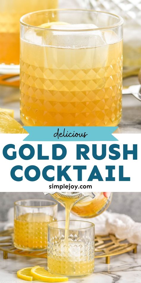 This Gold Rush Cocktail made with bourbon, honey, and lemon juice is the perfect easy drink for sipping on the patio. It is refreshing and sweet, and bound to be a new favorite. Lemon Juice Cocktail, Gold Rush Cocktail, Gold Drinks Non Alcoholic, Golden Cocktails, Cocktails With Honey, Gold Drinks Alcohol, Golden Cocktail, Lemon Cocktails, Honey Cocktail