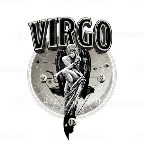 Virgo, Virgin, Astrology. zodiac. Horoscope symbol in circle. Illustration with relief engraving technique. Virgo Illustration, 13th Zodiac Sign, Virgo Symbol, Virgo Art, Horoscope Tattoos, Line Doodles, T Shirt Logo Design, Circle Illustration, Zodiac Virgo