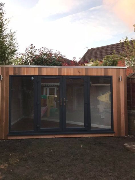 Triangular garden studio slots into the corner Triangular Garden Design, Corner Shed, Triangle Garden, Sheds Ideas, Western Red Cedar Cladding, Sheds Ideas Backyard, Conservatory Extension, Upvc French Doors, Corner Sheds