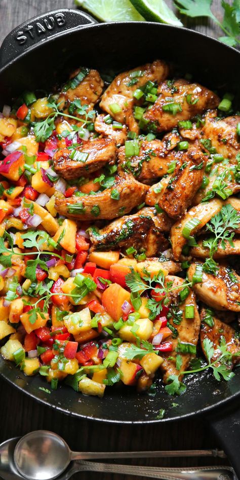 Cilantro-Lime Chicken with Peach Salsa in a cast iron pan Julia's Album, 2024 Meals, Chicken French, Weekly Recipes, Summer Chicken, Peach Recipes, Peach Salsa, Skillet Dishes, Mediterranean Lifestyle