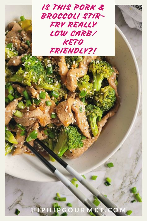 bowl of broccoli and pork strips garnished with green onions and sesame seeds, chopsticks in the bowl Pork And Broccoli Recipes, Pork And Broccoli Stir Fry, Stir Fry Keto, Pork And Broccoli, Asian Pork Chops, Pork Broccoli, Sauce For Broccoli, Leftover Pork Roast, Paleo Pork