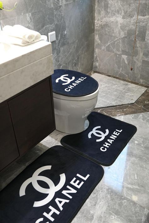 2019 Toilet Carpet Sets New Stripe Non Slip Bathroom Carpet Fashion Brand Letter Print Toilet Seat Cover Seat Cushion From Joomcc, $68.35 | DHgate.Com Chanel Bathroom Decor, Chanel Bathroom Decor Ideas, Chanel Bathroom, Luxury Window Curtains, Luxury Windows, Chanel Decor, Plastic Shower Curtain, Bathroom Mat Sets, Style Carpet