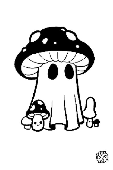 Cute Ghost Drawings Doodles, Ghost Mushroom Tattoo, Ghost Mushroom Drawing, Spooky Ghost Drawing, Gnome Drawing Simple, Gnome Drawings, Funny Ghost Tattoo Ideas, Ghost With Mushroom Hat, Ghost Line Art