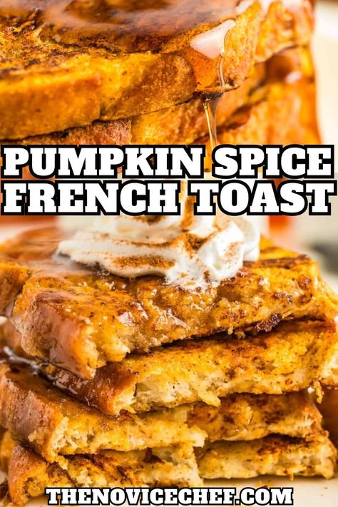 Packed with the flavors of pumpkin pie, this quick and easy pumpkin French toast will quickly become your favorite fall breakfast! The bread soaks up the rich, spiced pumpkin custard, transforming into a golden, crisp and custardy breakfast delight. Drizzled with maple syrup or topped with a sprinkle of powdered sugar, it won't last long! #FallBreakfastIdeas #PumpkinSpiceSeason Pumpkin Spice French Toast, Oven Baked French Toast, French Toast Bake Recipe, French Toast Recipes, Baked French Toast, Pumpkin French Toast, Pumpkin Custard, Fall Breakfast, French Toast Bake