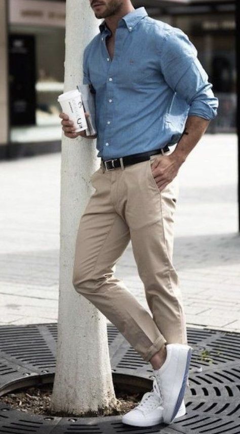 Light Blue Shirt Outfit, Blue Shirt Outfit Men, Blue Chinos Men, Blue Outfit Men, Chinos Men Outfit, Beige Pants Outfit, Light Blue Chinos, Beige Pants Men, Beige Hose