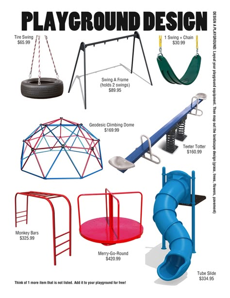 E is for Explore!: Playground Design School Playground Design, Playground Ideas For Kids, Adult Playground, Kids Backyard Playground, Playground Set, Kids Trampoline, Diy Playground, Children Park, Swing Design