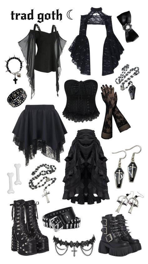 traditional goth outfit ,, Gothic Lace Outfit, Different Goth Aesthetics, Goth Types Chart, 2000 Goth Fashion, Goth Clothes Ideas, Goth Fantasy Outfit, Trad Goth Accessories, Goth Outfits Inspiration, Trad Goth Outfit Ideas