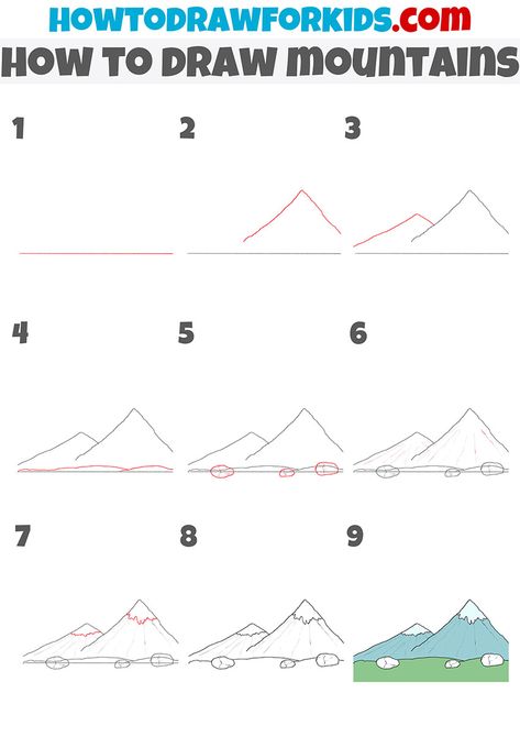 Easy Drawings Of Mountains, Easy Mountain Drawing Simple, How To Draw Mountains Easy, Mountain Drawing Tutorial, How To Draw Mountains, Mountain Range Drawing Simple, Landscape Drawing Easy, Trees Drawing Tutorial, Landscape Drawing Tutorial