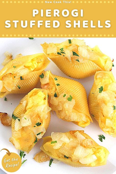 These easy stuffed pierogi shells (also called lazy pierogi) have all the delicious flavor of homemade pierogi but without all the fuss of making dough. Jumbo pasta shells are cooked and filled with cheesy mashed potatoes, topped with buttery sautéed onions, and then baked in the oven for a meatless dish that's sure to be a hit! Get the recipe and try them! Stuffed Foods Ideas, Fried Jumbo Shells, Easy Jumbo Shells Recipe, Pierogi Stuffed Shells, Homemade Pasta Shells, Air Fried Jumbo Stuffed Shells, Air Fryer Stuffed Shells, Large Shells Recipe, Large Pasta Shells Stuffed