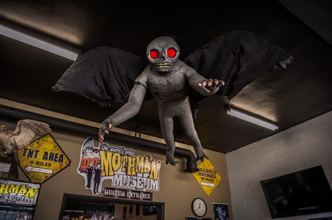 Welcome to our new virtual Mothman Museum and merchandise site.  Now you can scope out "The World's Only Mothman Museum", and shop from the largest collection of... Mothman Museum, Humanoid Moth, Glowing Red Eyes, The Mothman, Moth Man, Native American Chief, Spooky Places, Moth Art, Trip Destinations