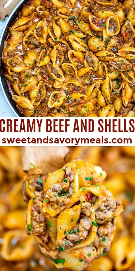 Creamy Beef And Shells, Beef And Shells, Resep Pasta, One Pot Dinners, Eat Beef, Pasta Dinner Recipes, Health Dinner, Health Dinner Recipes, Think Food