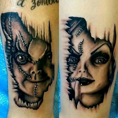 Couple Tattoos of Chucky and Tiffany Tiffany Tattoo, Skull Couple Tattoo, Chucky And Tiffany, Chucky Tattoo, Horror Tattoos, Horror Movie Tattoos, Chicano Tattoos Sleeve, Skull Girl Tattoo, Cute Couple Tattoos