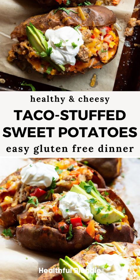 Stuffed Sweet Potato Ground Turkey, Loaded Sweet Potato Meal Prep, Turkey Taco Stuffed Sweet Potatoes, Sweet Potato Recipes Taco, High Protein Stuffed Sweet Potato, Sweet Potato Stuffed Tacos, Sweet Potato Taco Boats, High Protein Dinner Sweet Potato, Macro Friendly Sweet Potato Recipes