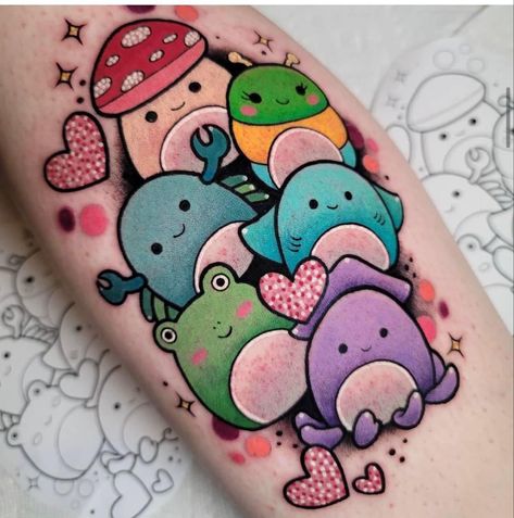 Squishmallow Tattoo, Tattoos Medical, Wendy The Frog, Tattoos Cute, Bright Tattoos, Wicked Tattoos, Cartoon Character Tattoos, Kawaii Tattoo, Doodle Tattoo