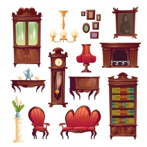 Victorian living room stuff, old classic... | Free Vector #Freepik #freevector #flower #vintage #coffee #cartoon Vintage Room Illustration, Old Vintage Living Room, Props Illustration, Cartoon Room, Living Room Illustration, Sala Vintage, Room Cartoon, Antique Room, Coffee Cartoon