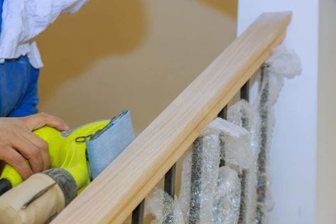 How To Sand a Stair Railing or Banister [Step by Step] - House Practical Diy Banisters And Railings, Stair Railing Makeover Wood, Sanding Stairs, Replace Stair Railing, Stripping Stained Wood, How To Restain Wood, Staining Stairs, Replace Stairs, Stair Bannister