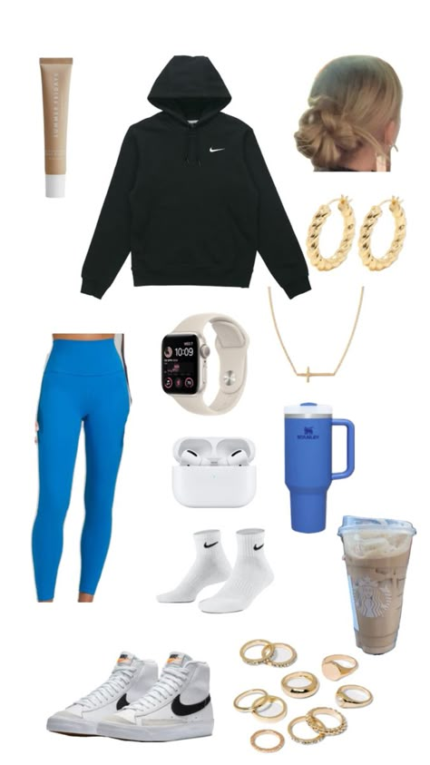 Cute School Fits With Leggings, Legging Sport Outfit, Outfits To Wear With Leggings For School, Cute Outfits With Blue Leggings, Light Blue Leggings Outfit Casual, Outfit Ideas With Blue Leggings, Outfits For Gym Class At School, Blue Air Force 1 Outfit, Leggings Outfit Inspo For School