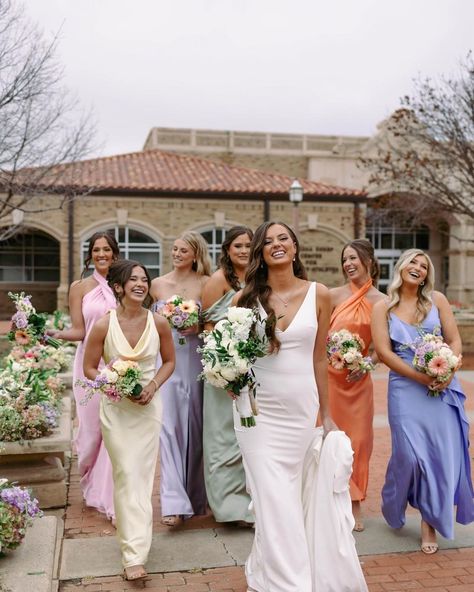 west texas wedding • Instagram Bright Colour Bridesmaid Dresses, Outdoor Garden Party Wedding, Summer Bridesmaid Colors, Colourful Wedding Decor, Different Colour Bridesmaid Dresses, Pastel Bridesmaid Dresses Mismatched, Colourful Bridesmaid Dresses, Bridesmaids Colors Summer, Bright Wedding Theme