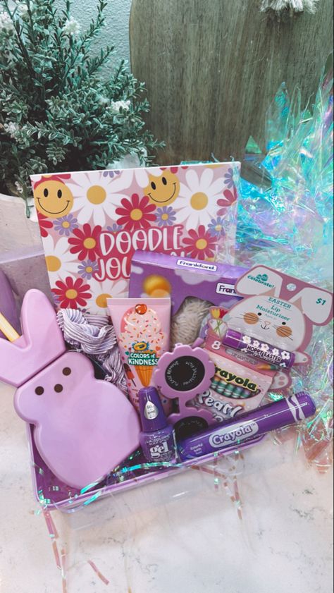 Dollar tree easter basket girls purple young Dollar Tree Easter Basket, Dollar Tree Baskets, Bath Crayons, Basket Diy, Target Dollar Spot, Bath Gel, Easter Basket Diy, Cookies N Cream Cookies, Journal Doodles