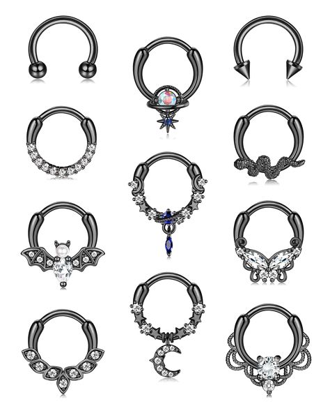 PRICES MAY VARY. 💃[SEPTUM RINGS SET]: One order includes 11pcs septum piercings: 2pcs simple septum rings; 3pcs cz septum rings; bat septum ring; cute snake septum ring; butterfly septum ring, 3 pcs dangle septum ring. Multiple styles to choose. 👧[GREAT QUALITY]: Our septum rings are made of 316L stainless steel, inlaid shiny AAA+ CZ, nickle & lead free, without sharp edge, easy to put on or take off, durable flexiable clicker design. 💎[GAUGE SIZE]: Septum piercing gauge: 16g(1.2mm); Inner di Snake Septum Ring, Gothic Septum Piercing, Butterfly Septum, Cute Septum Rings, Septum Piercing Jewelry, Ring Butterfly, Daith Piercing Jewelry, Septum Rings, Septum Piercings