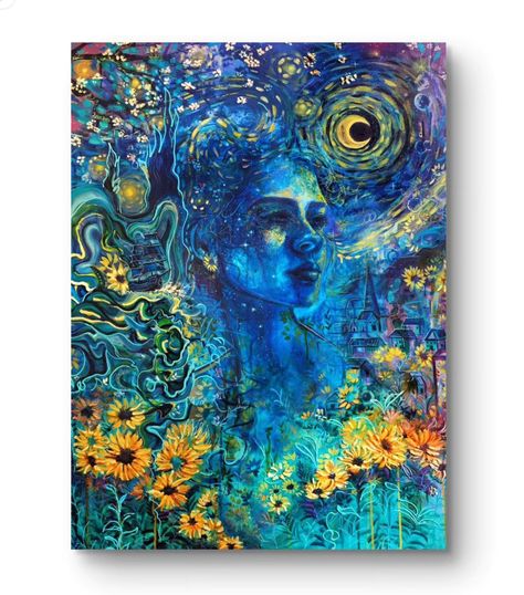 'A Vision of Van Gogh' 🌻🌌🌙 Swipe through for some close-up photos of this big original painting! —> It combines acrylic ink, oil paint, modeling paste & metallic gold leaf. Check out my Reels to watch the full creative process 💜 Prints are now available - if you’re interested, you can order through the link in my bio 🌸 www.laurenaimeeart.com . . . . #originalart #painting #fineart #vangogh #portraitart #portrait #starrynight #artprint #oilpainting #art #canvasart Acrylic Portrait Painting, Bio Art, Modeling Paste, Deep Art, Surrealism Painting, Landscape Art Painting, Abstract Art Inspiration, Big Art, Acrylic Ink