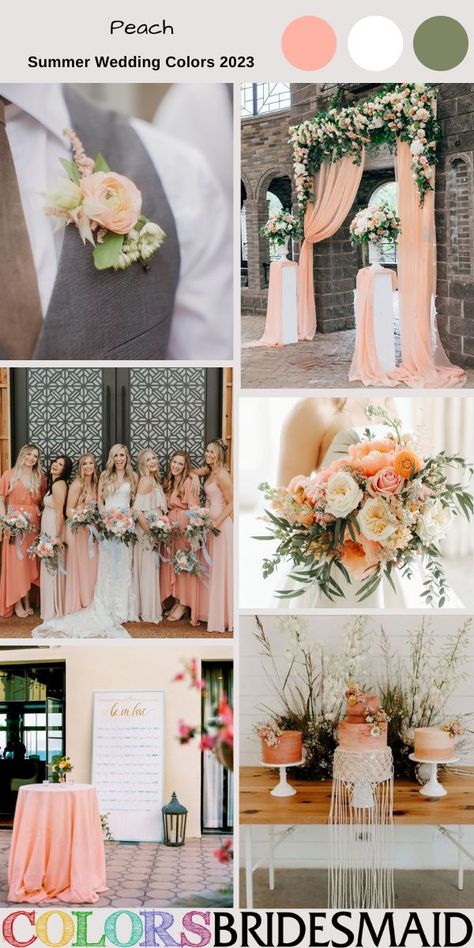 Peach wedding color inspirations for 2023, white bridal gown and peach bridesmaid dresses, peach and green wedding bouquets, grey men's suit and peach boutonniere, peach wedding drapery with flowers and greenery, peach wedding cake, peach cocktail table. #weddings #weddingideas #bridesmaiddresses #summerwedding #colsbm #2023 #peachwedding Unique Wedding Color Schemes, Color Schemes Summer, Salmon Wedding, Peach Wedding Theme, Apricot Wedding, Peach Wedding Colors, Wedding Color Schemes Summer, Teal Wedding Colors, Color Durazno