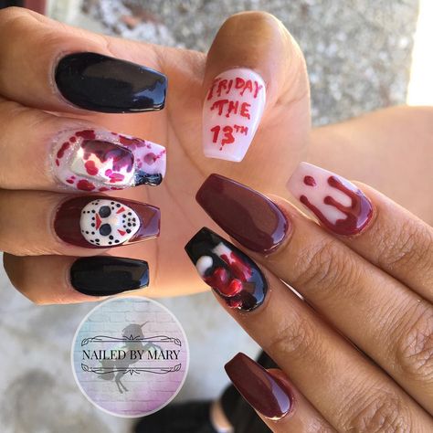 Happy Friday the 13th!!! . . . . #jason #fridaythe13th #halloweennails #nailpro #notd Friday The 13th Nails, Friday The 13th Jason, Happy Friday The 13th, Halloween Acrylic Nails, Friday The 13th, Halloween Pictures, Nail Pro, Paint Splatter, Wedding Nails