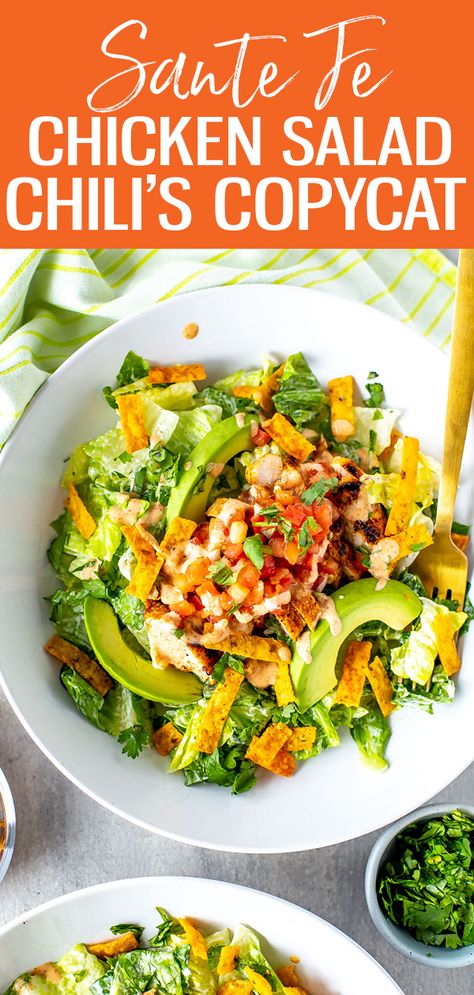 Chili's Santa Fe Chicken Salad Santa Fe Sauce Recipe, Santa Fe Sauce, Chilis Copycat Recipes, Santa Fe Chicken Salad, Santa Fe Salad, Chicken Salad Dressing, Santa Fe Chicken, Keto Chicken Salad, Tortilla Strips