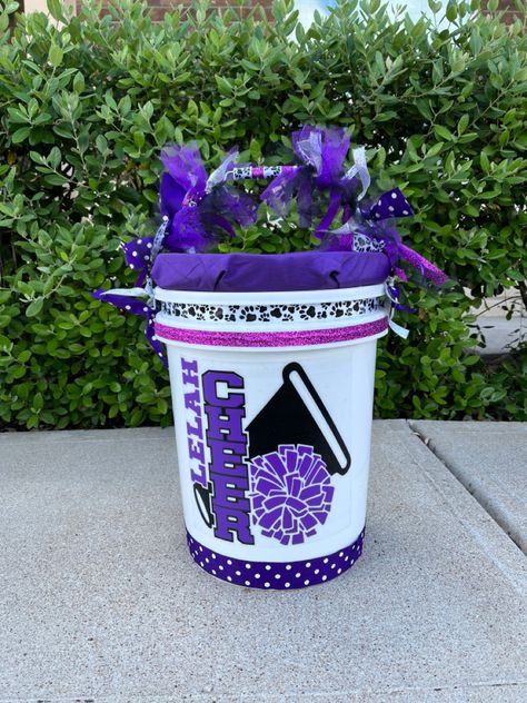 Cheer Buckets Ideas Cheerleading, Cheerleading Buckets Ideas, Cheer Buckets Ideas, Basket Toss Cheerleading, Pom Pom Holder Cheer, Cheer Buckets Seats, Cheer Water Jugs, Cheerleading Diy, Cheer Buckets