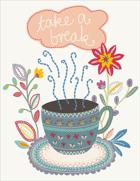 "take a break" tea illustration / by little cube studio for children's design/ via Behance Books And Tea, Tea Illustration, Tea Quotes, Cuppa Tea, My Cup Of Tea, Tea Art, Coffee Love, Take A Break, Coffee Art