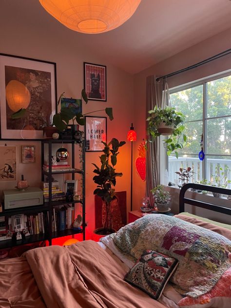 Cluster Room Aesthetic, 21 Year Old Room Ideas, Room Painting Ideas Bedroom Small Spaces, Small Room Ideas Maximalist, Comfy Studio Apartment, Maximalist Decor Small Spaces Bedroom, Window Room Ideas, Lesbian Apartment Ideas, Clean Maximalist Bedroom