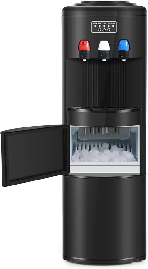 💧ICEPURE 3-in-1 Water Cooler Dispenser with ice maker is ETL, FCC, and UL certified. 

All water-contact materials are food grade, ensuring safety. 

Child safety lock and overload protection included. 

Top-loading dispenser produces 9 bullet-shaped ice pieces in 7-15 minutes, delivering hot or cool water within 5 minutes. 

Built-in ice maker produces 26.5 lbs of ice per day, automatically stopping when the basket is full. No installation needed. Ice Maker Accessories, Water Cooler Bottle, Gallon Water Jug, Hot Water Dispensers, Cold Room, Water Dispensers, Ice Machine, Water Coolers, Office Essentials