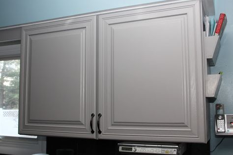 Cabinet in Behr Cathedral Gray (the darker sample paint) Cathedral Gray Behr Paint, Kitchen Selections, Paint Cabinet, Gray Cabinet Color, Kitchen Cabinetry Design, Kitchen Cupboards Paint, Painting Oak Cabinets, Mom Kitchen, Custom Painted Furniture