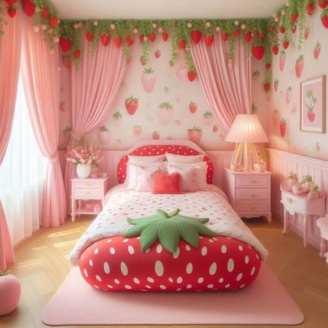 Strawberry Shortcake Bedroom Ideas, Strawberry Shortcake Room Decor, Cherry Room Aesthetic, Strawberry Shortcake Bedroom, Strawberry Shortcake Room, Strawberry Bedroom, Strawberry Room, Dream Bedroom Inspiration, Hippy Room