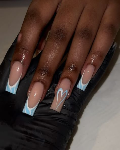 Short Acrylic Nails Designs Blue, Blue And White Nails Designs, Baby Blue And White Nails, Blue Nail Inspo Acrylic, Blue Square Acrylic Nails, White And Blue Nail Designs, Blue And White Nail Designs, Blue Acrylic Nails Ideas, Baby Blue Nails Ideas