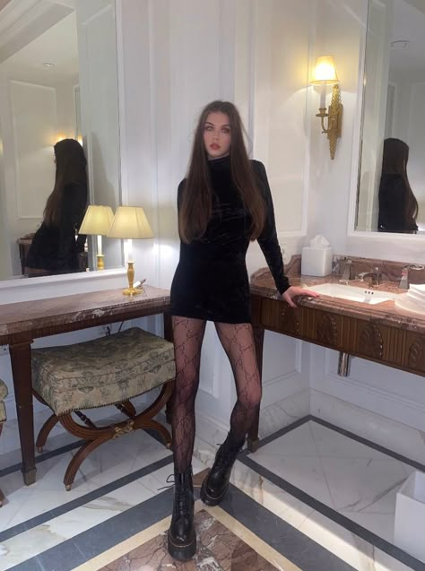 Black Low Rise Skirt Outfit, Dr Martens Night Out Outfit, Fall Night Out Outfit Aesthetic, Black Tights Going Out Outfit, Tights With Mini Skirt, Black Skirt Nye Outfit, Black Mini Skirt And Black Tights Outfit, Black Mini Skirt Black Tights, Black Low Rise Mini Skirt Outfit