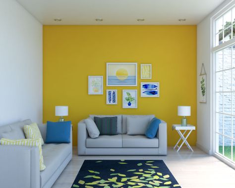 How to Decorate a Room with Yellow Walls? (5 Chic Ideas with Images) - roomdsign.com Drawing Room Wall Colour, Mustard Room, Tropical Living Room Ideas, Yellow Walls Living Room, Blue And Yellow Living Room, Yellow Accent Walls, Yellow Decor Living Room, Tropical Living Room, Room Color Combination