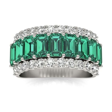 7/8 CTW Round Caydia Lab Grown Diamond Three Row Ring 14K White Gold featuring Created Emerald | Charles & Colvard Emerald And Diamond Band, Color Stone Jewelry, Emerald Eternity Ring, Round Diamond Band, Wedding Band Ideas, Titanium Rings For Men, Emerald Band, Band Ideas, Diamond Jewelry Designs