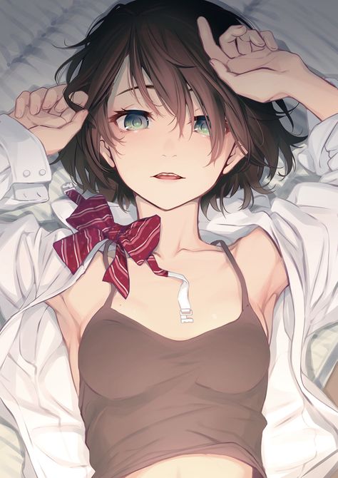 Brown Hair Green Eyes, Woman Laying, Cute School Stationary, Short Brown Hair, Anime Hair, Girl Short Hair, Anime Drawings Tutorials, Human Art, Manga Pictures