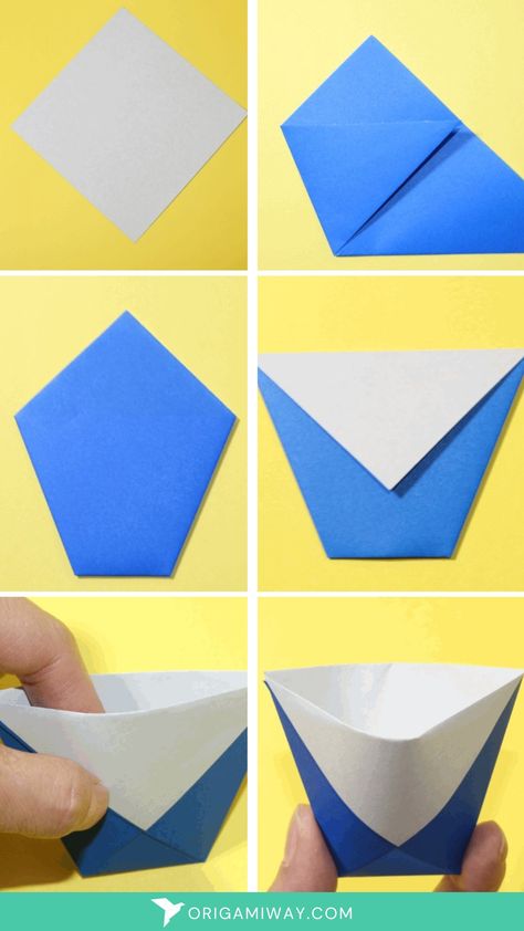 A origami blue and white paper cup Origami Cup, How To Fold, Step By Step Instructions, How To Make An, Crystal Clear, Origami, Step By Step, To Create, Crystals