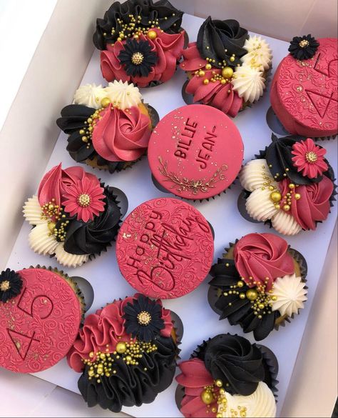 Fancy Birthday Cupcakes For Women, Pink And Black Desserts, Black Red And Gold Cupcakes, Birthday Cupcakes For Women Pretty, Pink And Black Bakery, Black And Pink Cupcakes, Red And Black Cupcakes, 2023 Cupcakes, Pink And Black Cupcakes Ideas