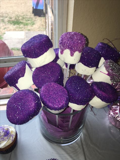 Sweet 16 Dessert Table Ideas Purple, Purple And Silver Centerpieces Diy, Purple B Day Party, Purple Glitter Birthday Party Ideas, Purple Party Desserts, Black Purple Birthday Decor, Euphoria Theme Food, Euphoria Themed Snacks, Purple Desert Table Ideas