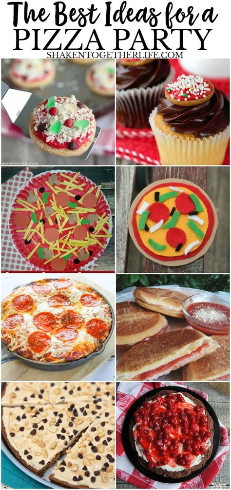 The BEST Ideas for a Pizza Party - includes pizza themed food, activities, desserts, decorations and more! Pizza Themed Desserts, Pizza Theme Cake, Pizza Decorations, Pizza Theme Party, Pizza Themed Birthday Party, Desserts Pizza, Pizza Party Ideas, Pizza Party Games, Pizza Dippers